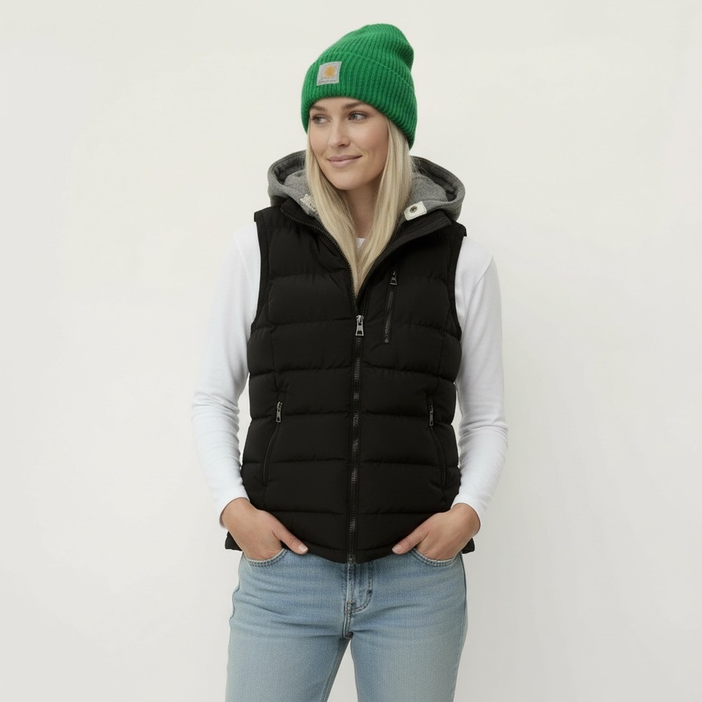 Black Hooded Puffer Zip Up Vest